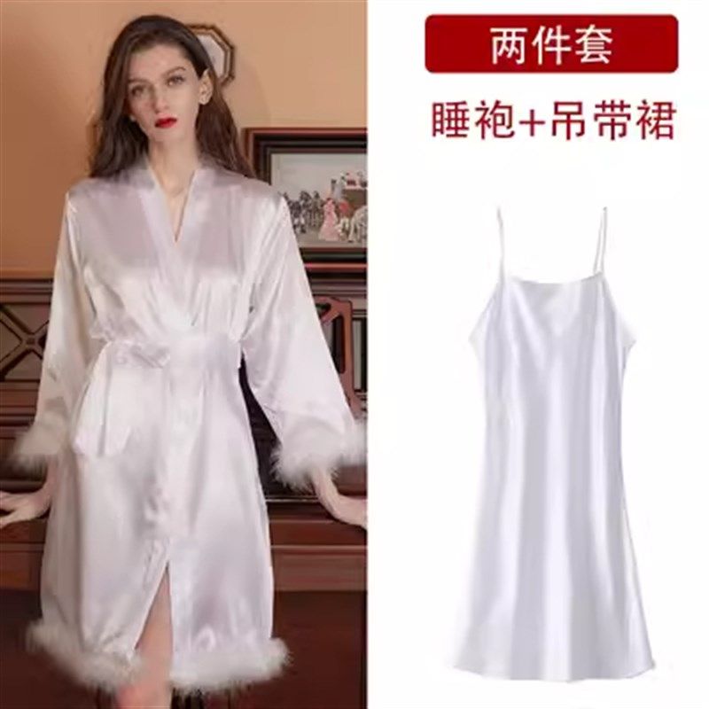 性感鸵鸟羽毛结婚晨袍女新娘伴娘高级感长款睡衣春秋吊带睡裙睡袍,女士内衣/男士内衣/家居服,睡袍/浴袍,淘宝优惠券,粉丝福利购,淘宝优惠卷