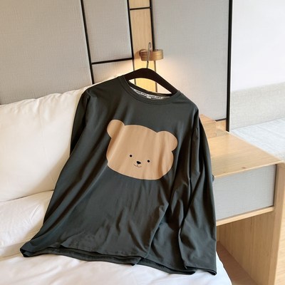情侣春秋季睡衣上装纯棉长袖套头卡通可外穿T恤宽松家居上衣大码