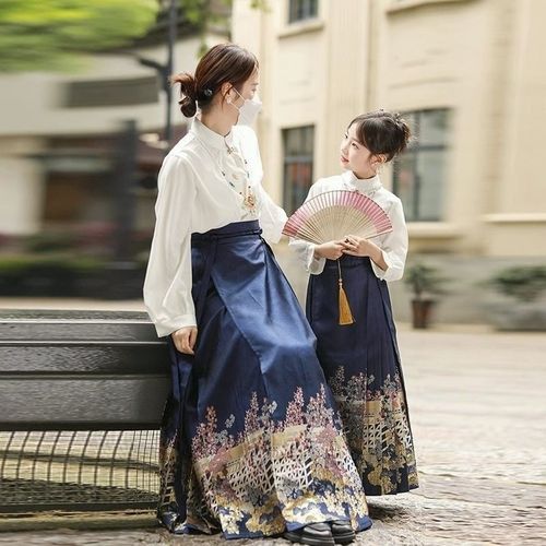 马面裙女童春秋亲子装新款明制儿童汉服长款连衣裙汉服马面裙成人