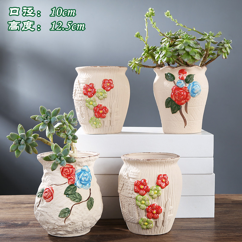 多肉粗陶花盆欧式复古创意手绘多肉花盆老桩植物粗陶花盆简约包邮