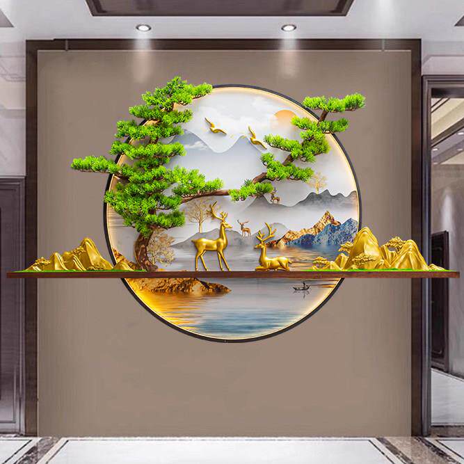 新中式玄关3d立体迎客松晶瓷画创意茶室墙面发光装饰画带LED灯