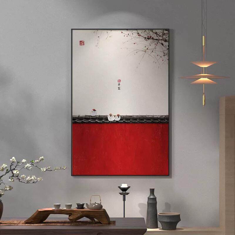 红色竖式新中式客厅装饰画沙发背景墙花鸟花卉茶室书房房间挂壁画