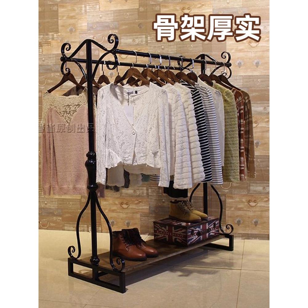 覆古的衣服架,地板站立双排展示架,地板站立服装店衣架,妇女服