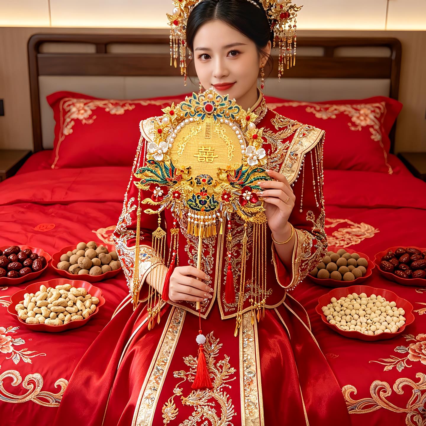 时光纪双面金丝新娘结婚团扇手工diy材料重工高端喜扇秀禾成品扇