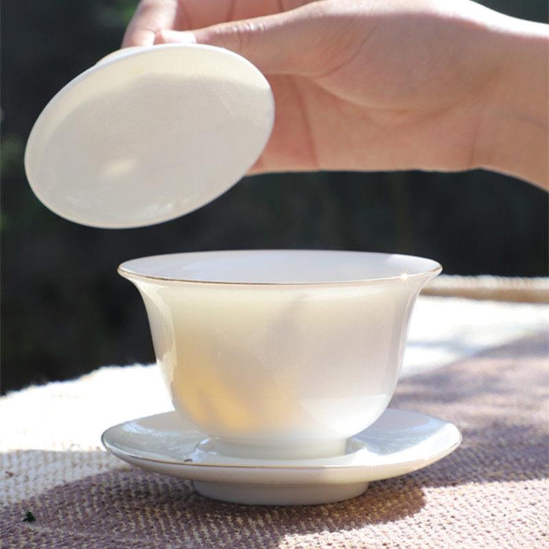 白瓷盖碗茶杯单个家用陶瓷高端三才泡茶碗带盖金边羊脂玉茶具套装