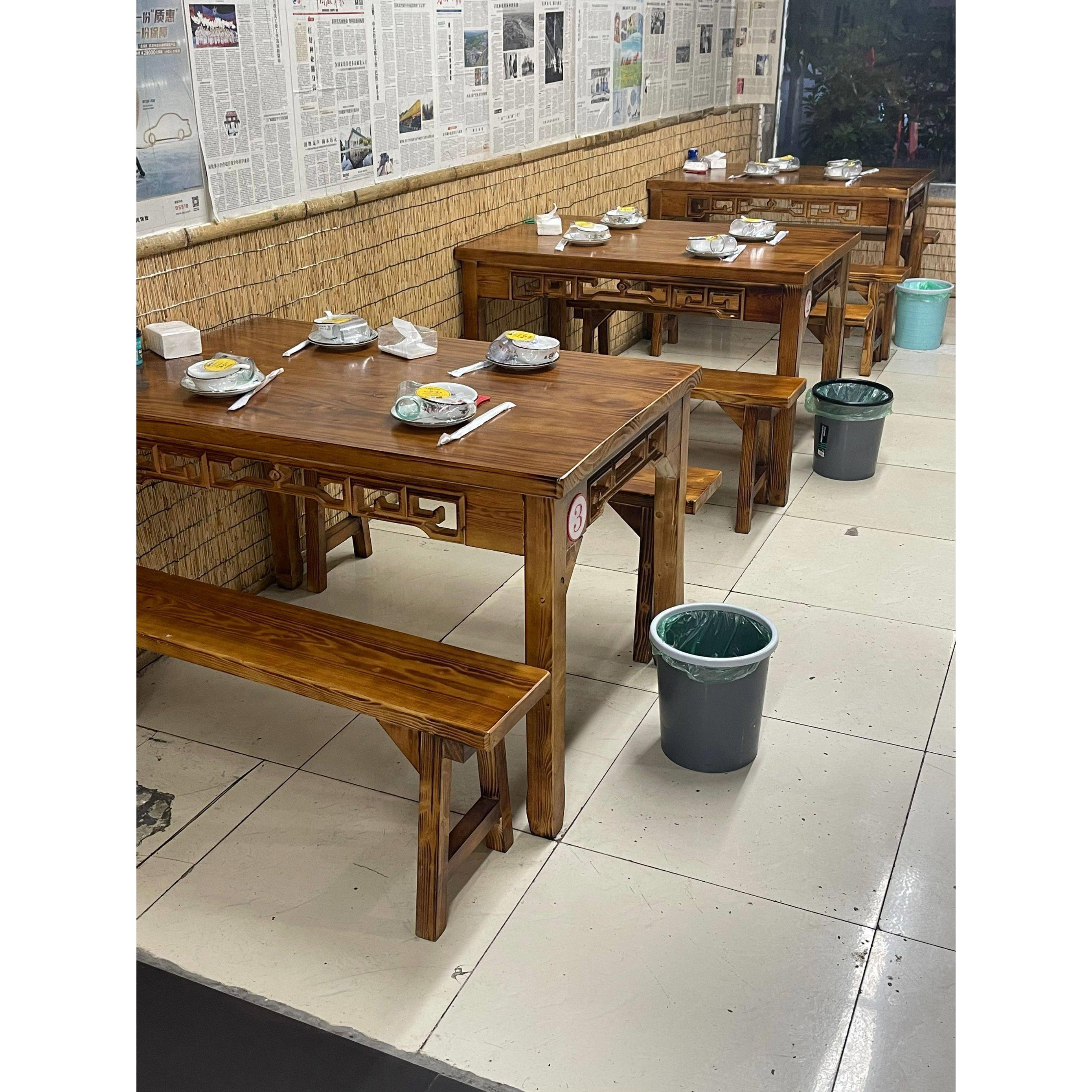 碳化实木饭店餐桌椅组合快餐店小吃饭厅餐厅烧烤面 面馆排档食堂