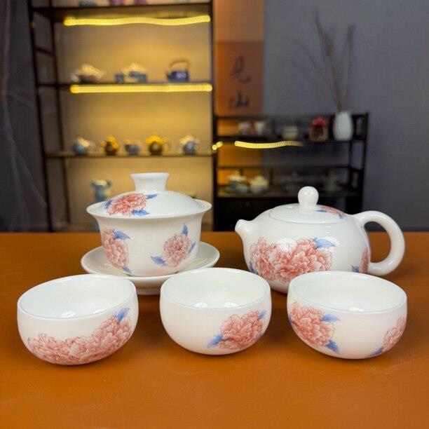 羊脂玉瓷芙蓉花茶具套组盖碗泡茶壶茶杯功夫茶具套装高端茶器陶瓷