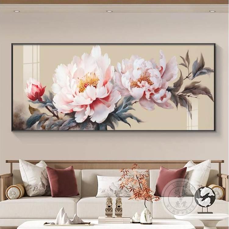 牡丹花挂画客厅沙发背景墙装饰画新中式大幅花开富贵大气晶瓷壁画
