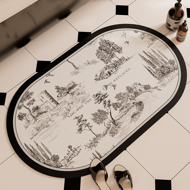 南法尼斯复古法式吸水脚垫硅藻泥卫生间地垫轻奢浴室防滑椭圆地毯