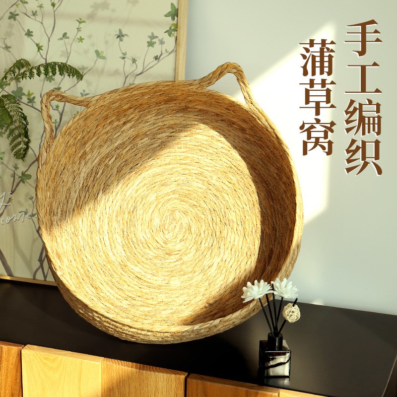 藤编猫窝四季通用蒲草窝夏季猫床抓板一体草编织凉席狗窝猫咪用品