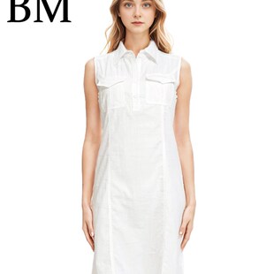 BM无袖衬衫小白裙系带POLO领气质简洁白色今年流行白色的连衣裙夏