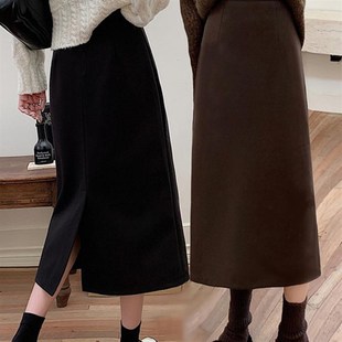 毛呢半身裙女秋冬大码 直筒开叉遮胯裙 黑色高腰显瘦a字裙胖m中长款