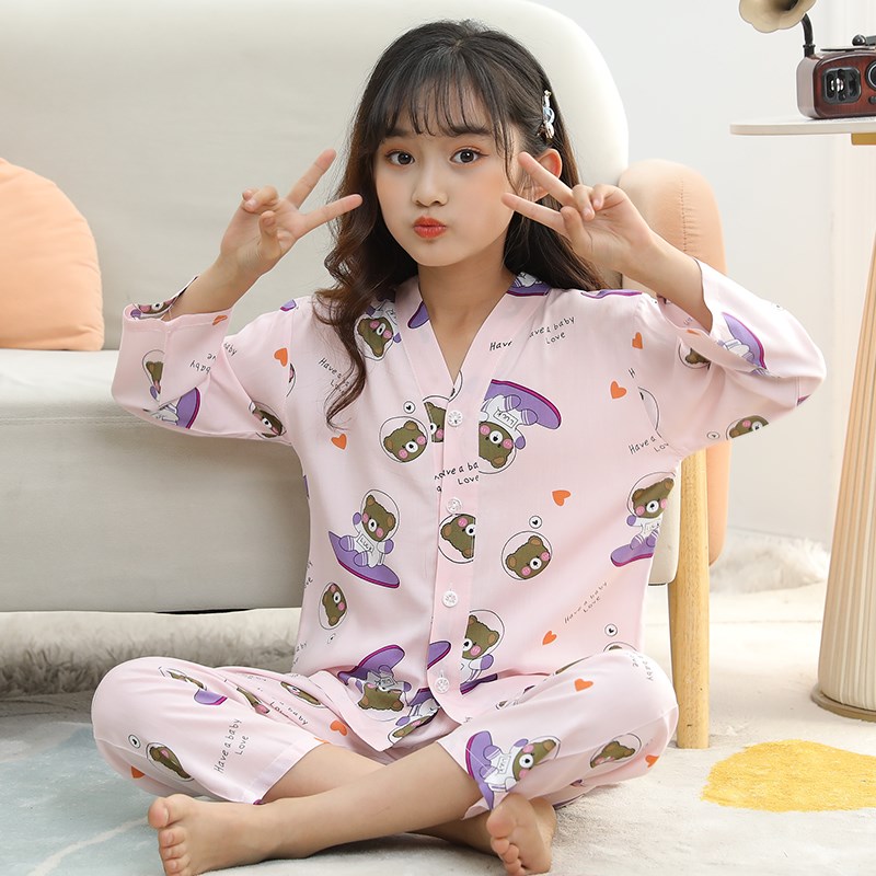 儿童绵绸睡衣夏季女童薄款长袖空调服套装女孩男童宝宝棉绸家居服