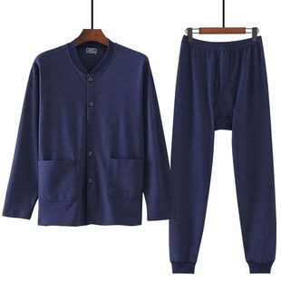 秋冬中老年人男士开衫套装保暖开襟秋衣秋裤男爸爸装薄款棉毛衫