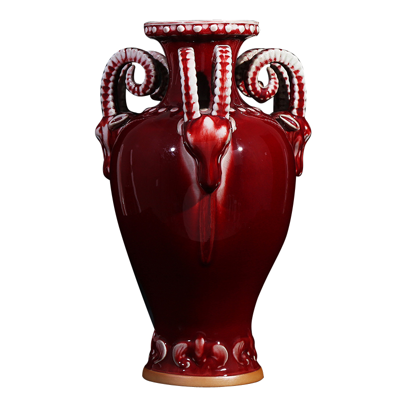 景德镇陶瓷器郎红窑变开片钧瓷三阳开泰客厅摆件三羊樽家居装饰品