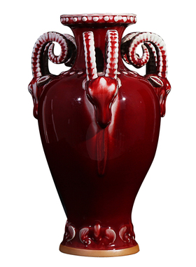 景德镇陶瓷器郎红窑变开片钧瓷三阳开泰客厅摆件三羊樽家居装饰品