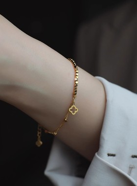 正品18K金碎金子四叶草手链女AU750金色高级感闺蜜新款送女友礼物