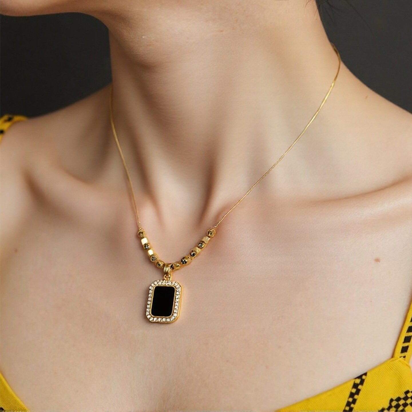高端不掉色黑玛瑙方牌小众项链时尚毛衣大气欧美锁骨颈链爆款时尚