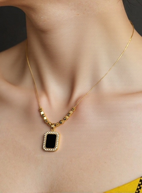 高端不掉色黑玛瑙方牌小众项链时尚毛衣大气欧美锁骨颈链爆款时尚