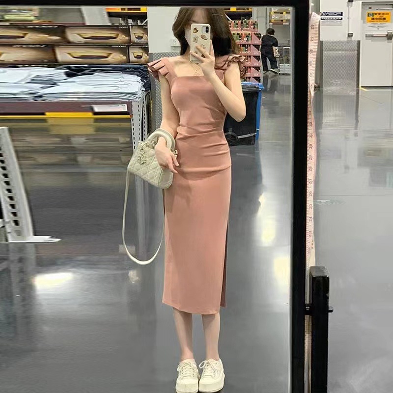 法式小个子飞飞袖开叉裙子夏季新款纯欲风显瘦包臀长裙连衣裙女装