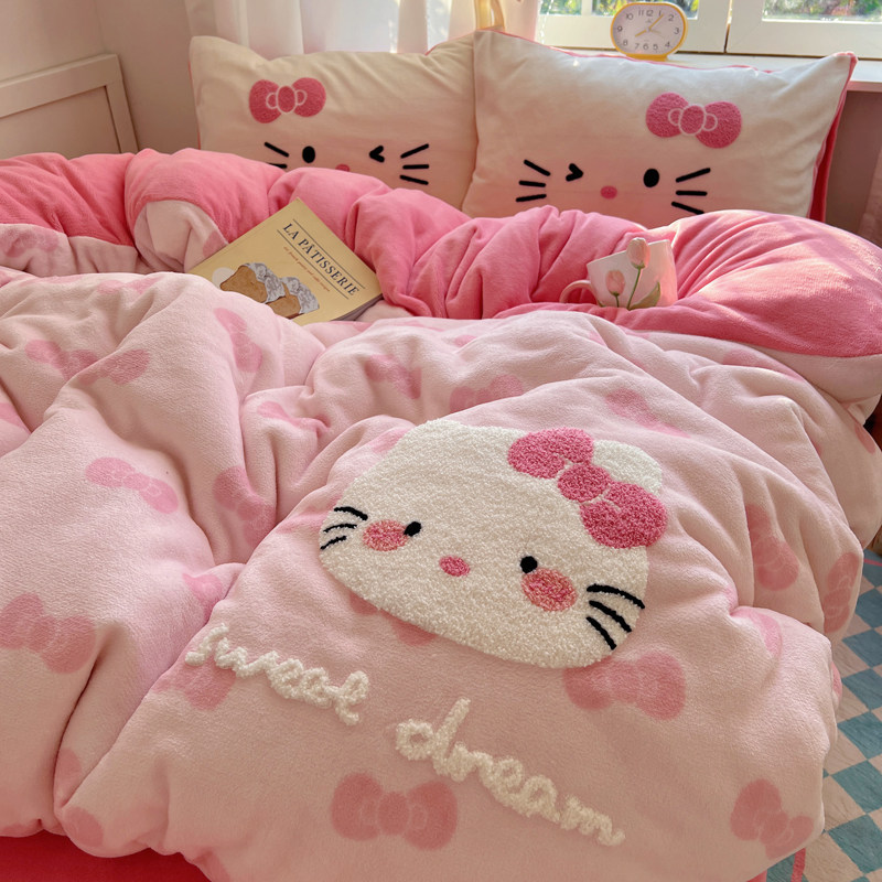 日式可爱风毛巾绣牛奶绒床上四件套冬季加厚珊瑚绒被套床单三件套,床上用品,床品套件/四件套/多件套,淘宝优惠券,粉丝福利购,淘宝优惠卷