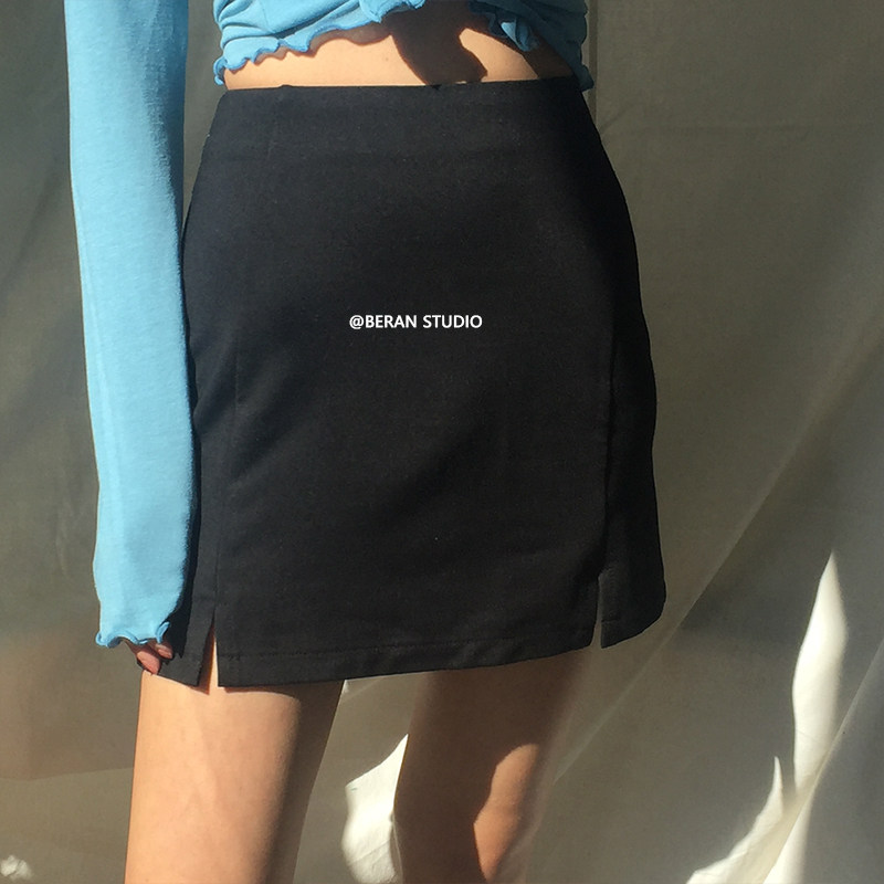 BERAN 欧美性感侧开衩弹力修身百搭高腰短款包臀黑色短裙半身裙