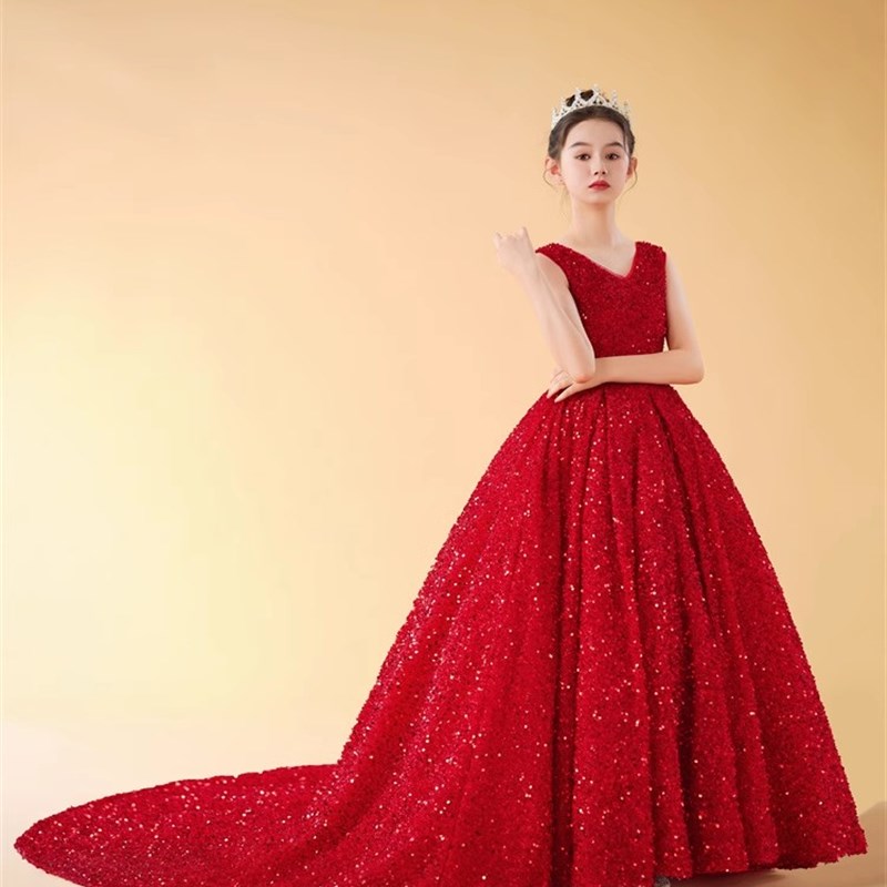 儿童高端礼服生日2024新款晚礼服公主裙主持人红色女童钢琴演出服
