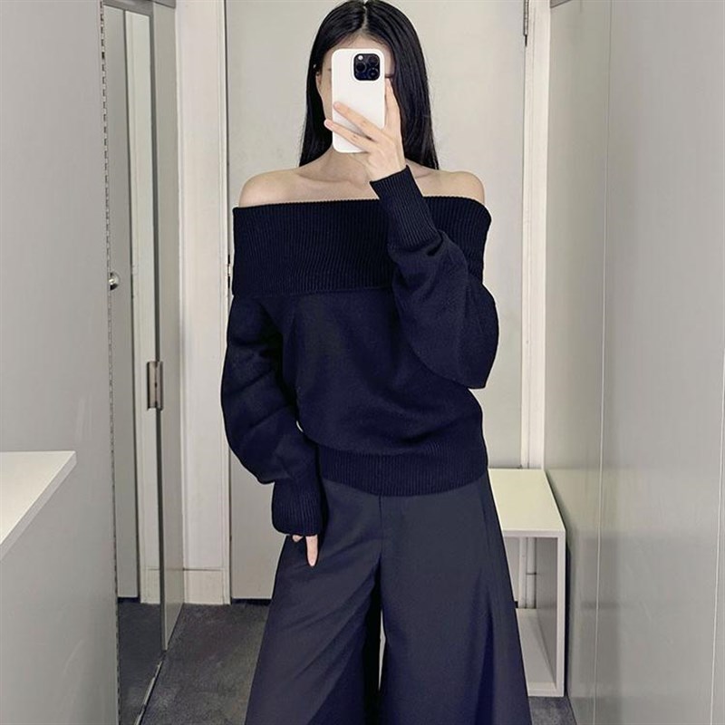 极简COS风黑色长袖外穿套头气质翻领一字肩羊毛针织套头衫