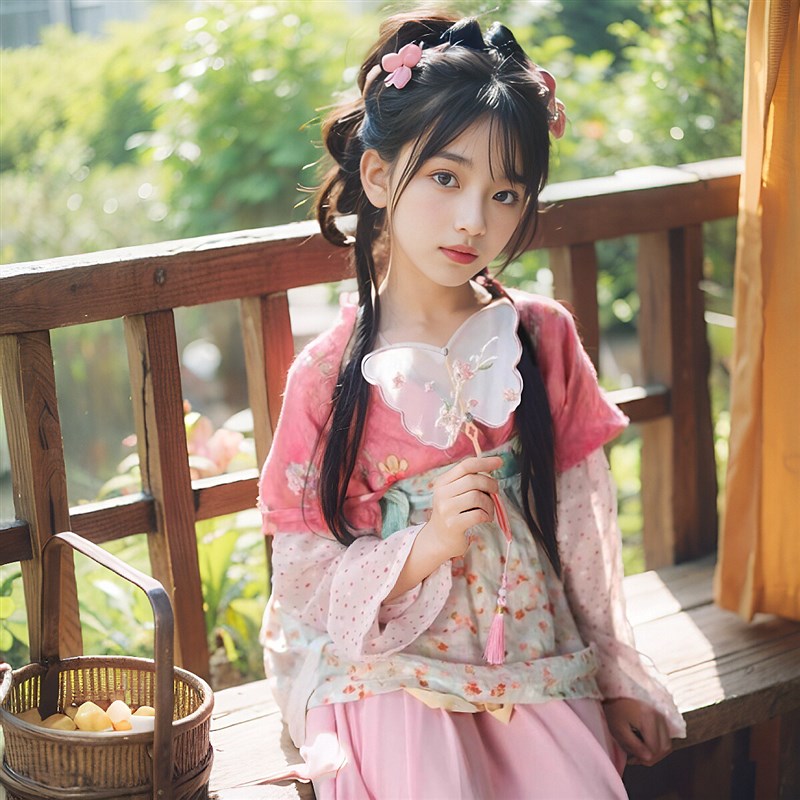 女童汉服宋制连衣裙小女孩唐代古装粉色碎花长袖中国风摄影演出服