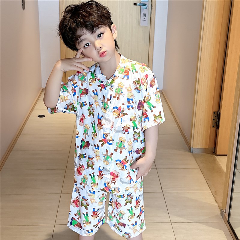 亲子儿童睡衣短袖一家三口四口夏季棉绸薄男女童可外穿家居服套装