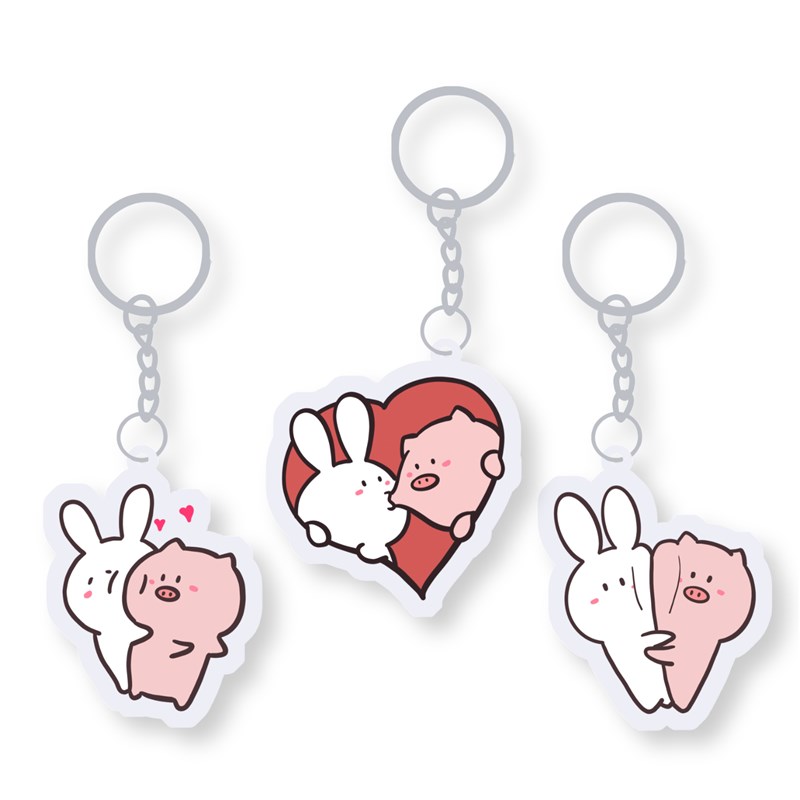 兔软软和猪弹弹钥匙扣必易情侣可爱卡通校园表情透明亚克力挂件