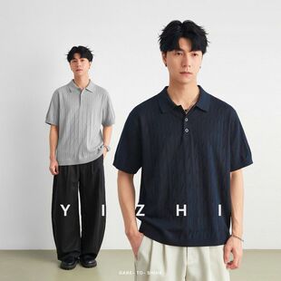 男衫肌理宽松P绞花短袖翻领夏季T恤针织设计感休闲亦止olo口袋