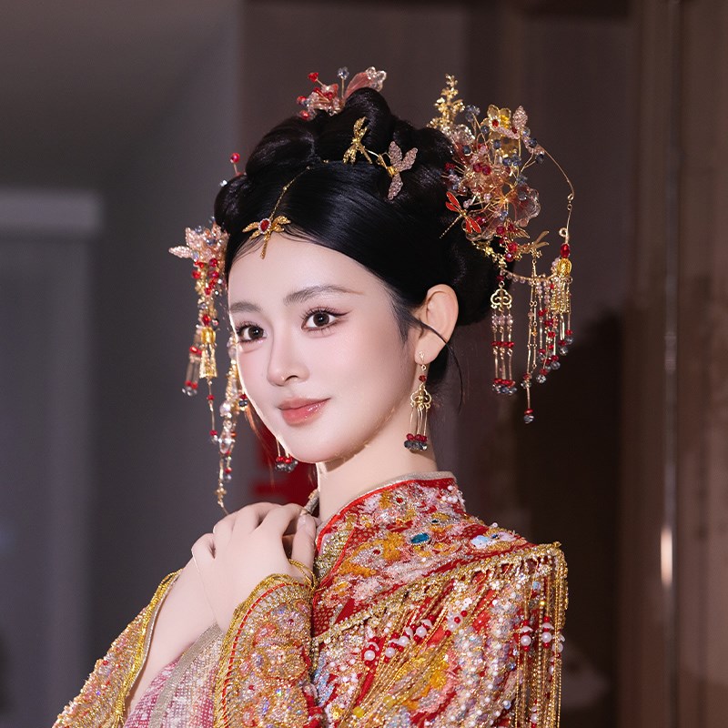 中式婚礼手工造液花浅色系凤钗古装发饰复古汉服新娘传统头饰套装