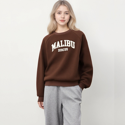 DISCUS 2025冬季女款美式字母颗粒绒圆领贴布刺绣LOGO套头卫衣