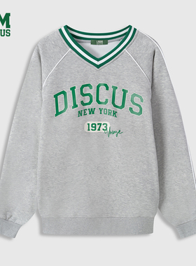 DISCUS 2025冬季情侣款套头卫衣美式V领撞色抓绒字母宽松百搭上衣