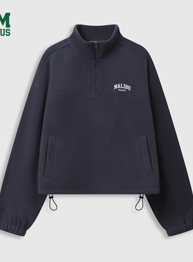 DISCUS2025冬季女款小立领卫衣刺绣LOGO颗粒绒半拉链套头卫衣