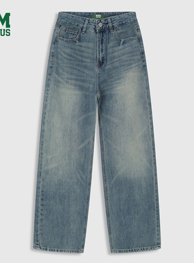 DISCUS浅蓝阔腿牛仔裤女款美式复古水洗猫须做旧百搭日常休闲长裤