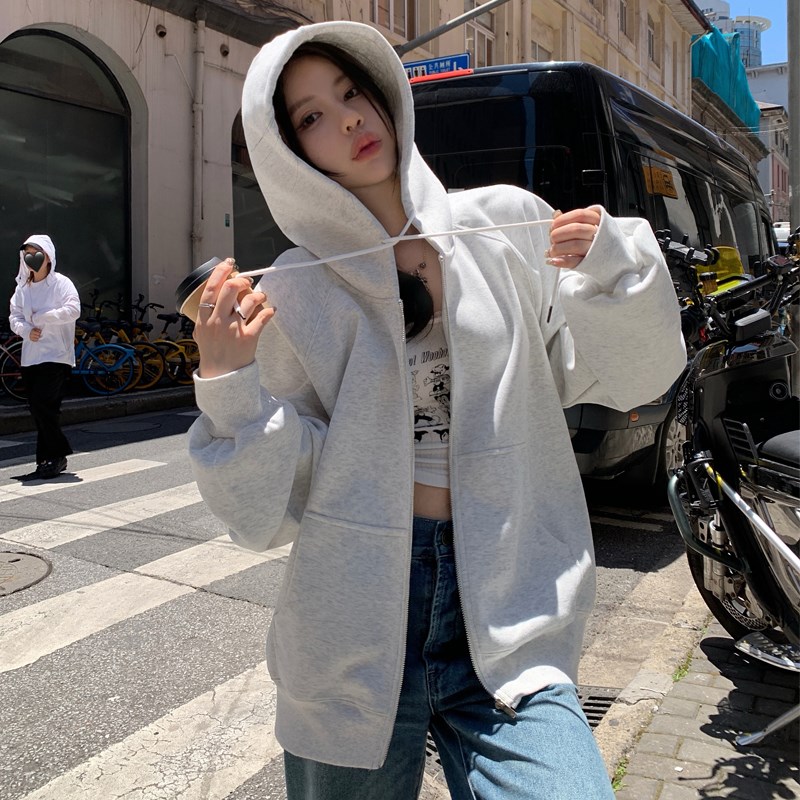 白色卫衣外套女款春秋薄款2024新款爆款拉链美式百搭慵懒连帽上衣