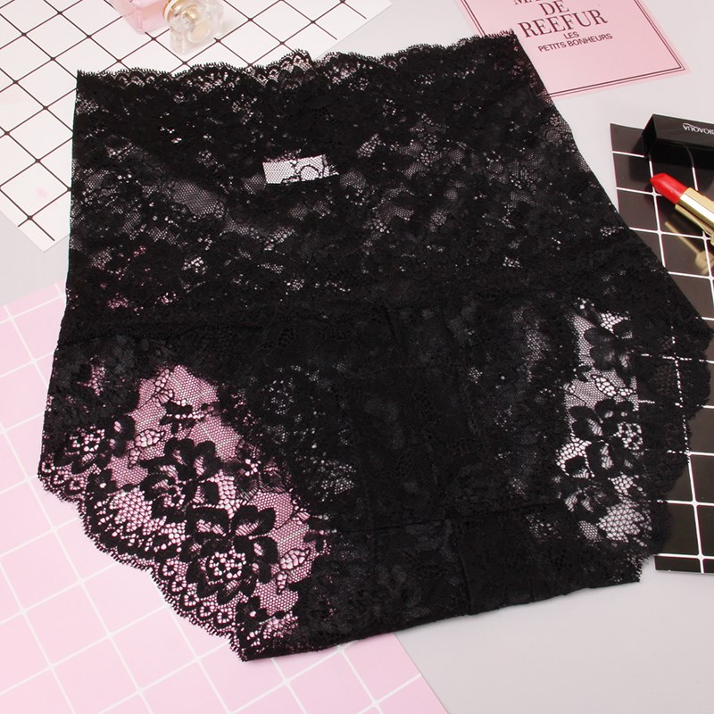 夏季高腰收腹无痕透明内裤蕾丝女性感提臀花边三角裤