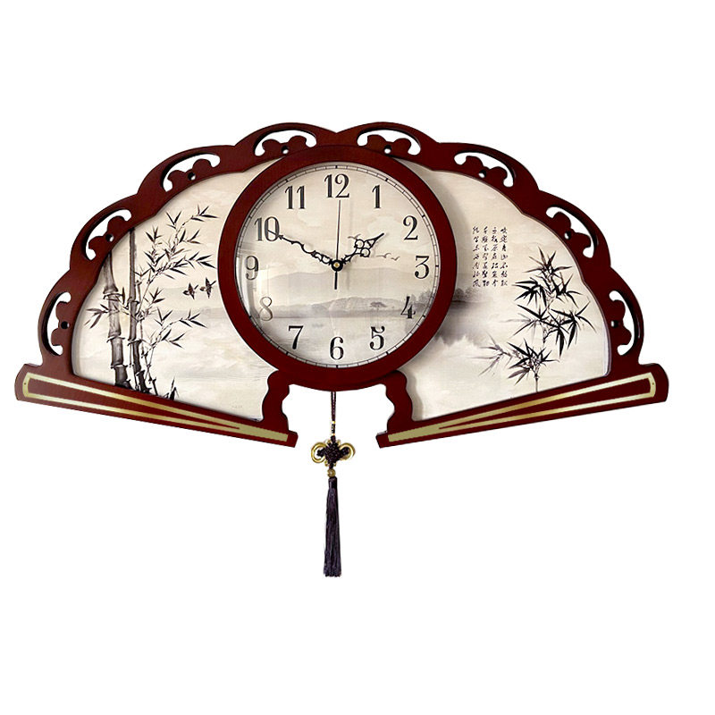 新中式钟表挂钟客厅万年历电子钟时钟挂墙家用钟饰中国风扇形挂表