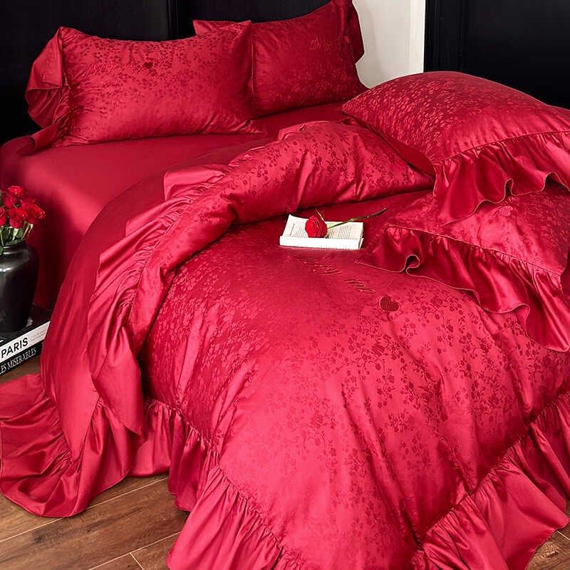 囍~浪漫玫瑰轻奢结婚庆四件套100支全棉床单被套婚礼床品礼盒装