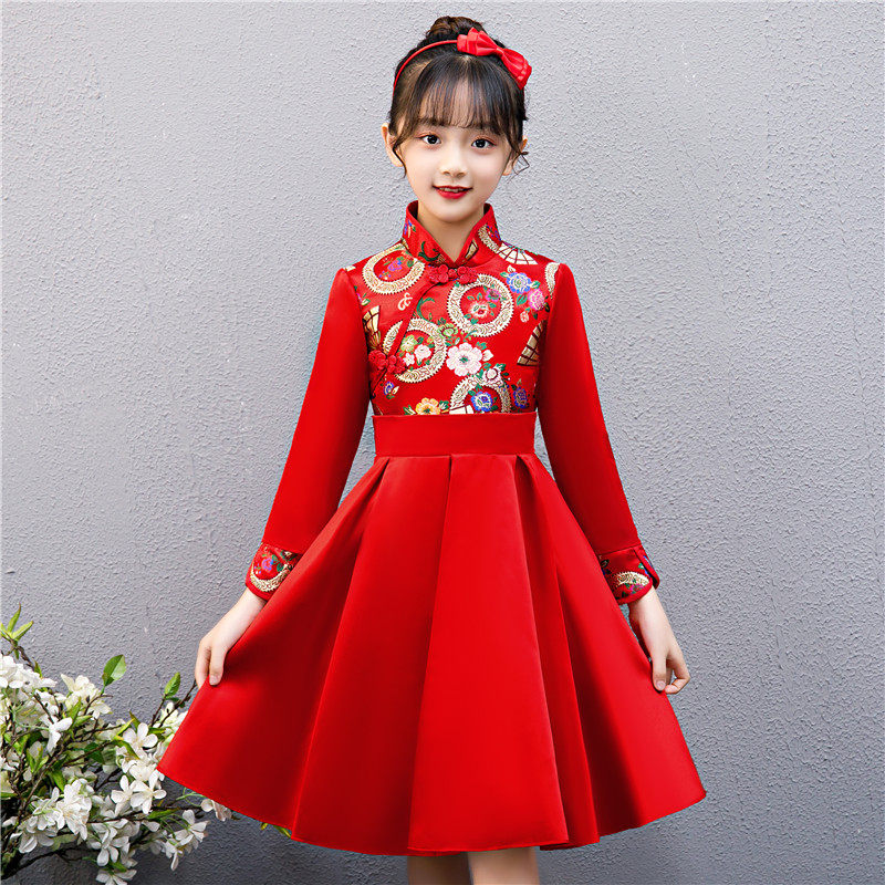 公主裙女童蓬蓬纱裙花童礼服秋冬儿童新年礼物中式旗袍古筝演出裙