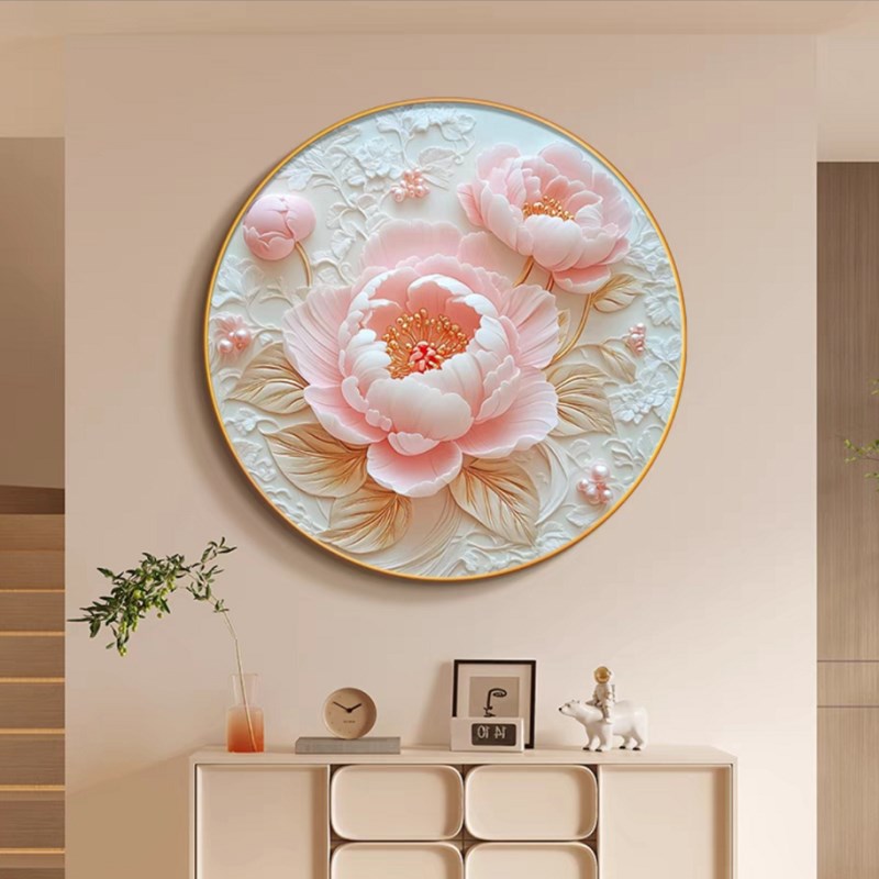 牡丹花圆形挂画奶油风客厅装饰画高级感玄关画花开富贵卧室床头画图片