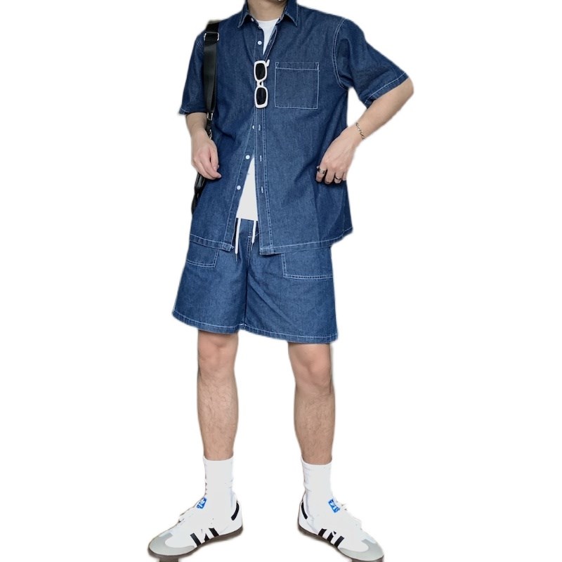 方人也屹韩版短袖牛仔衬衫外套牛仔短裤套装男夏季薄款两件套