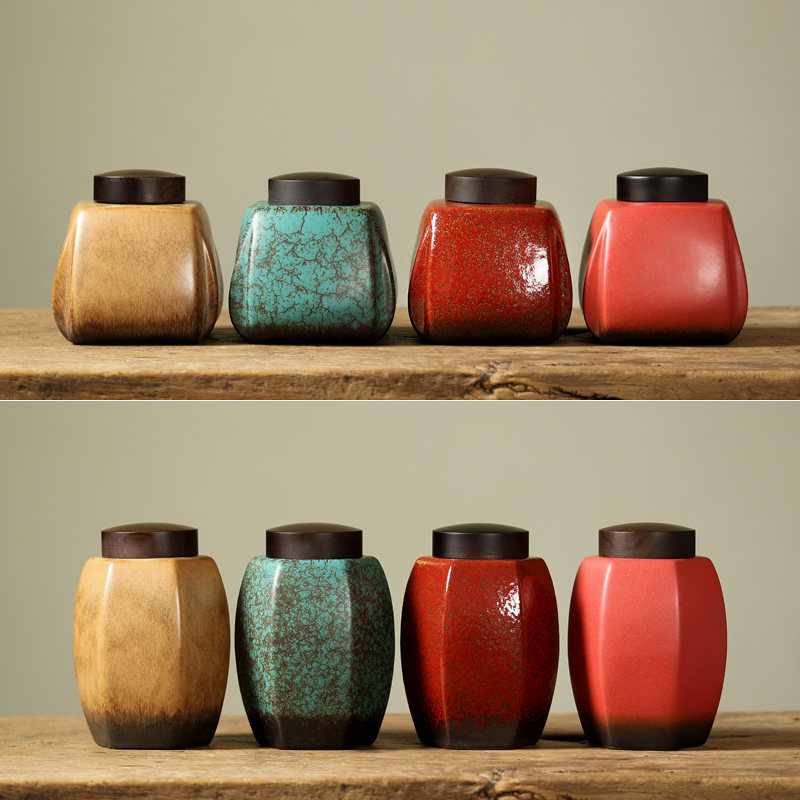 慕砚陶瓷茶叶罐普洱存储罐日式窑变醒茶罐家用黑檀木盖密封罐茶仓