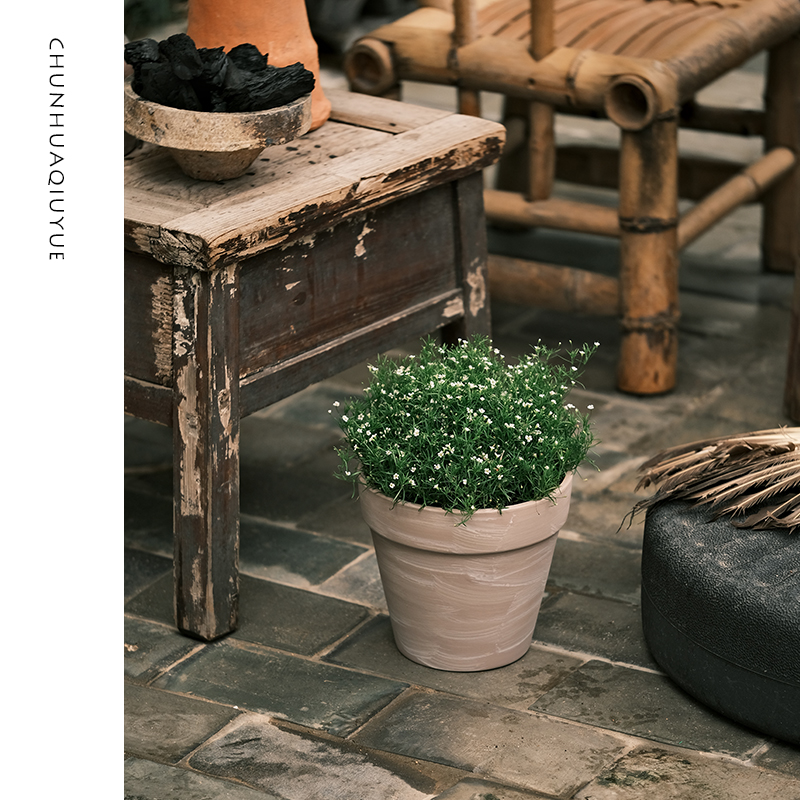 春花秋月北欧简约粗陶手绘画红陶土多肉摩卡色大口径蕨类植物花盆