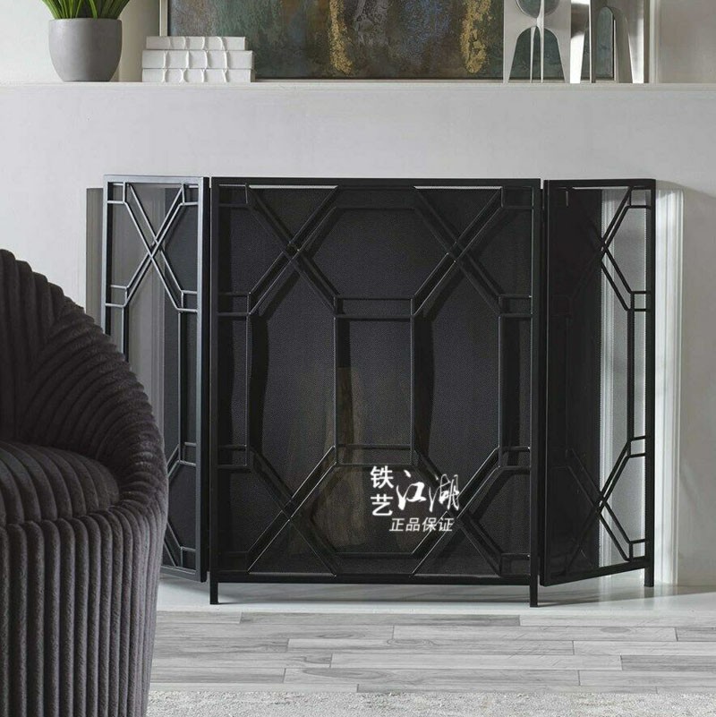 北欧铁艺金色黑色壁炉屏风三折壁炉架隔断带网新品客厅壁炉门定制