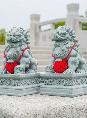 中式招财石狮子一对镇宅家用摆件鱼缸造景桌面家居装饰青石石狮子