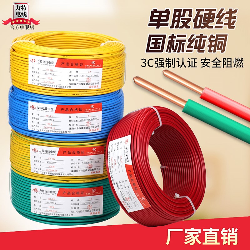 国标电线纯铜阻燃BV1.5/2.5/4/6/10平方16家装用单股硬芯塑铜线缆