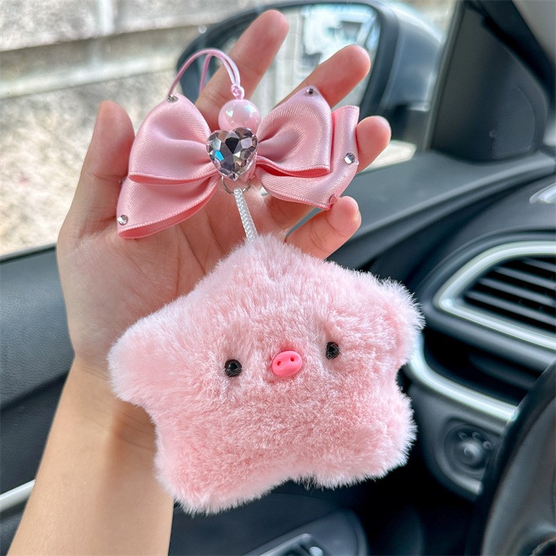 可爱毛绒车挂饰钥匙扣星星猪猪蝴蝶结挂饰星之卡比汽车后视镜挂件